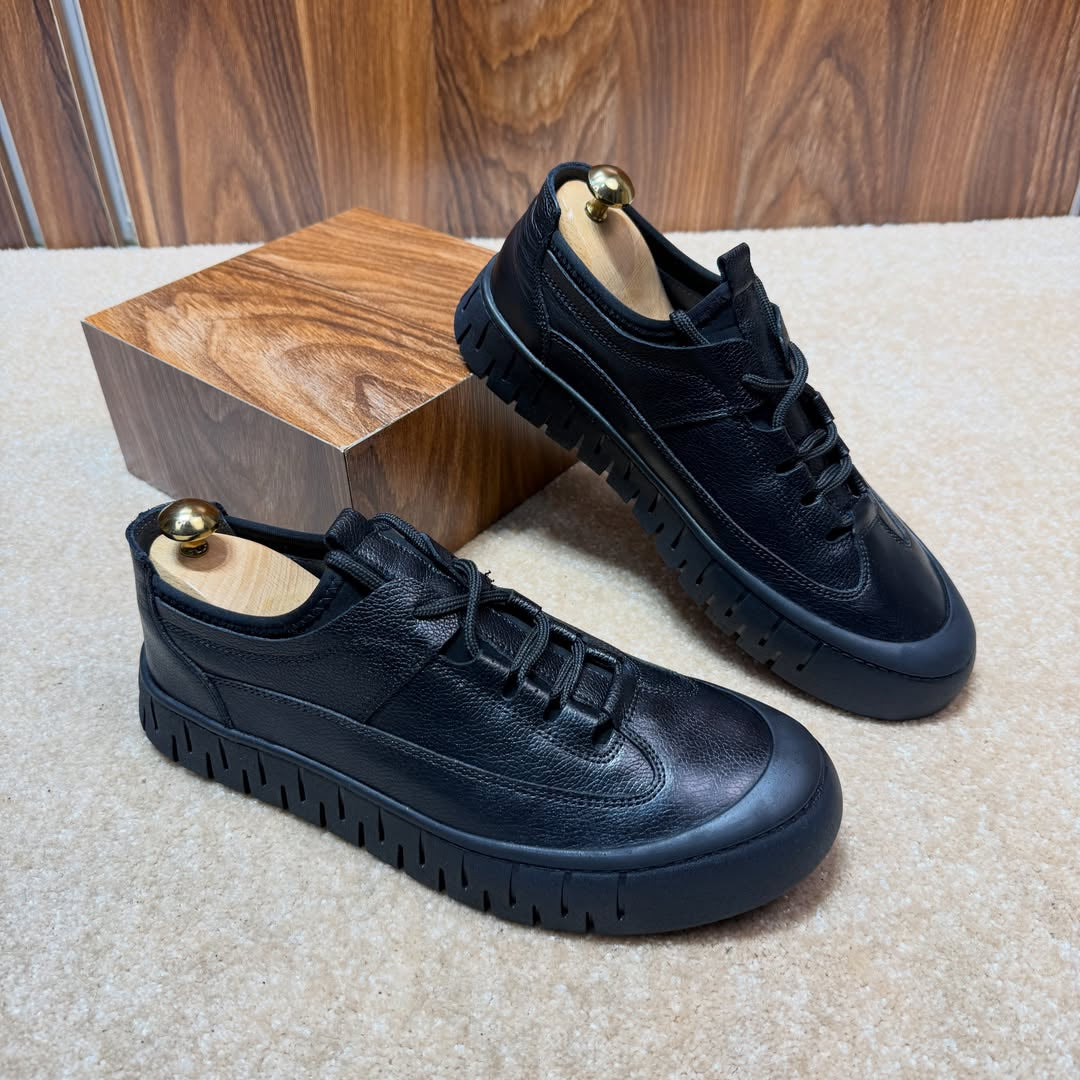 Men's Platform Leather Casual Shoes Black Chunky Sole Lace-Up Sneakers