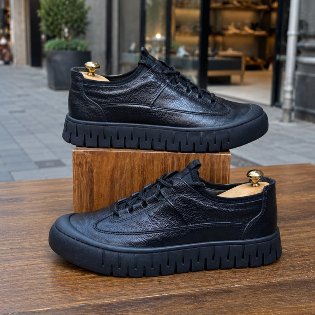 Men's Platform Leather Casual Shoes Black Chunky Sole Lace-Up Sneakers