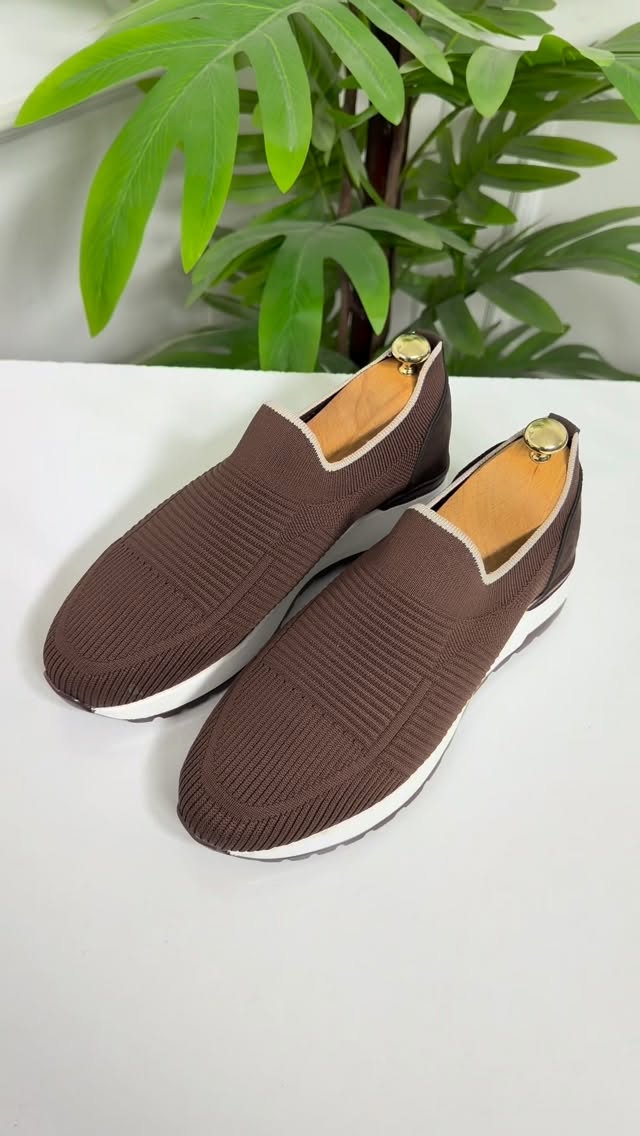 Men's Brown Knit Slip-On Sneakers - Lightweight Casual Walking Shoes
