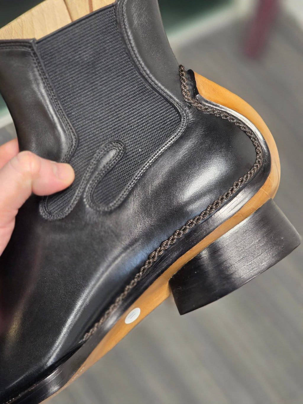 Men's Pointed Toe Block Heel Chelsea Boots Black Polished Leather Ankle Boots