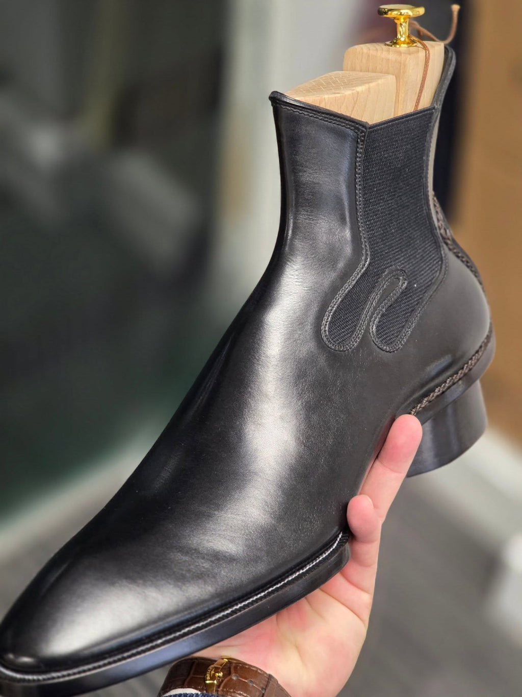 Men's Pointed Toe Block Heel Chelsea Boots Black Polished Leather Ankle Boots