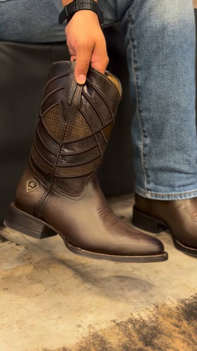 Men's Dark Brown Textured Western Cowboy Boots | Square Toe Mid-Calf Boots With Embossed Detailing