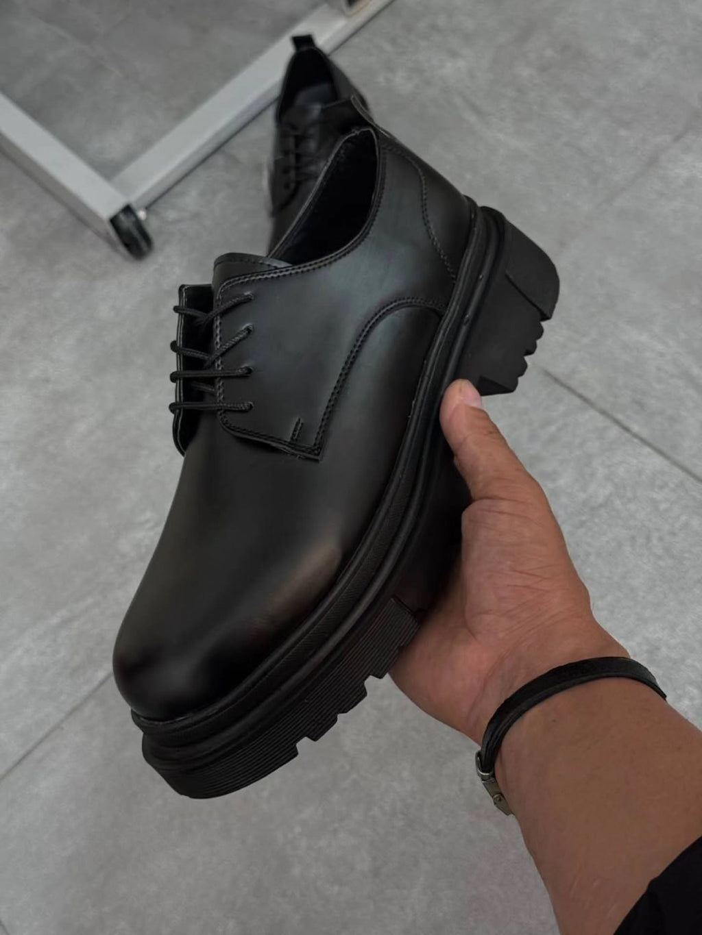 Men's Chunky Platform Derby Shoes, Black Leather Lace-Up Oxfords, Elevated Casual Business Footwear