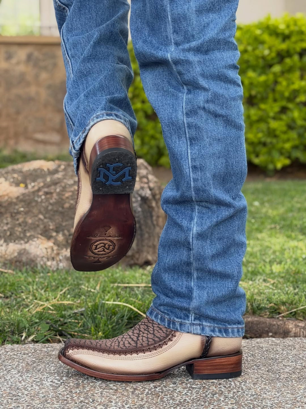Men's Beige & Brown Braided Western Cowboy Boots | Snip Toe Mid-Calf Boots With Exotic Textured Design