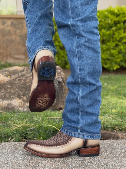 Men's Beige & Brown Braided Western Cowboy Boots | Snip Toe Mid-Calf Boots With Exotic Textured Design