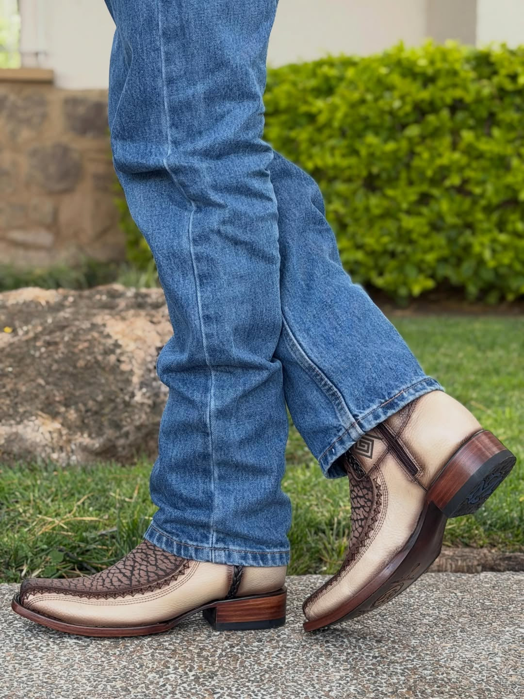 Men's Beige & Brown Braided Western Cowboy Boots | Snip Toe Mid-Calf Boots With Exotic Textured Design