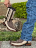 Men's Beige & Brown Braided Western Cowboy Boots | Snip Toe Mid-Calf Boots With Exotic Textured Design