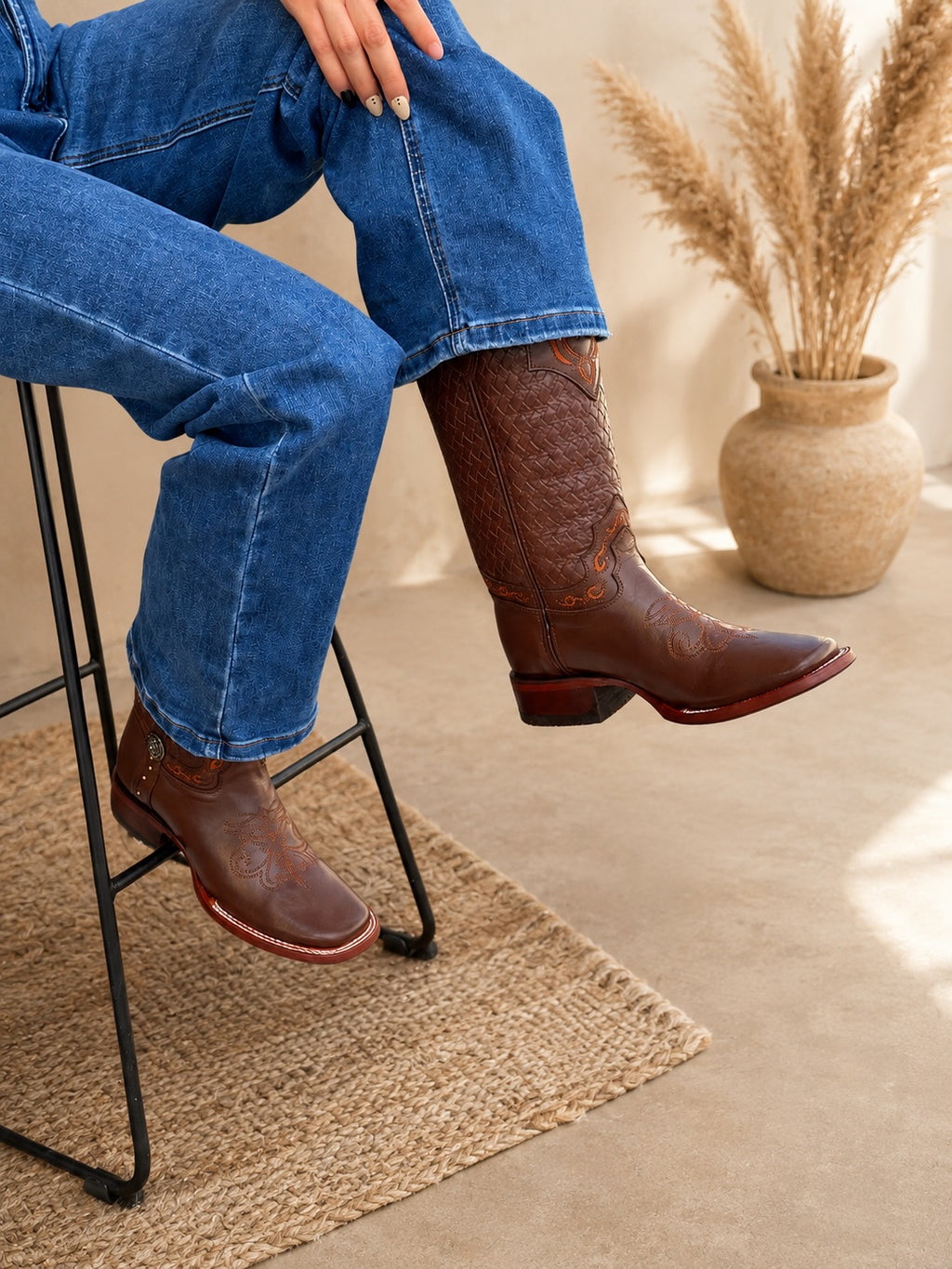 Brown Woven Tooled Leather Cowboy Western Boots For Women