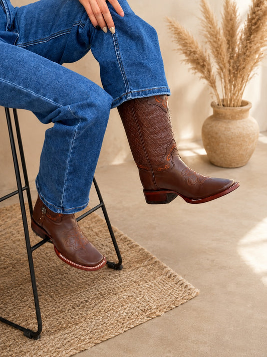 Brown Woven Tooled Leather Cowboy Western Boots For Women