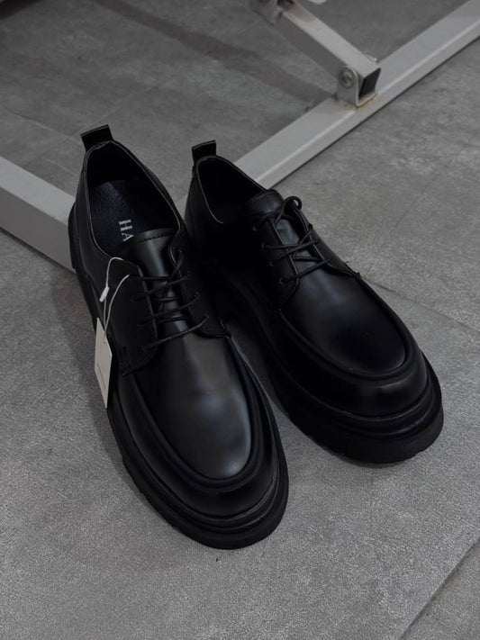 Men's Chunky Platform Derby Shoes, Black Leather Lace-Up Oxfords, Elevated Casual Business Footwear