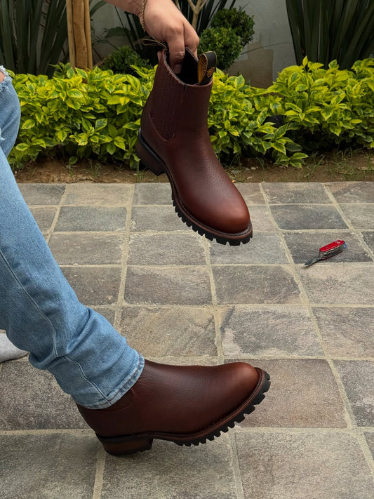 Men's Brown Full-Grain Leather Chelsea Boots - Rugged Lug Sole Western Ankle Boots