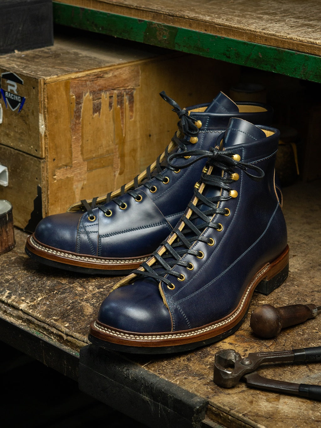 Men's Navy Full Grain Leather Goodyear Welt Work Combat Boots, Cap Toe Lace Up Outdoor Ankle Boot