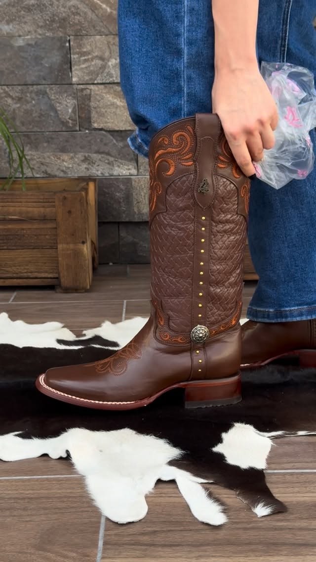 Men's Brown Tooled Leather Western Cowboy Boots - Tall Embroidered Vintage Style Riding Boots