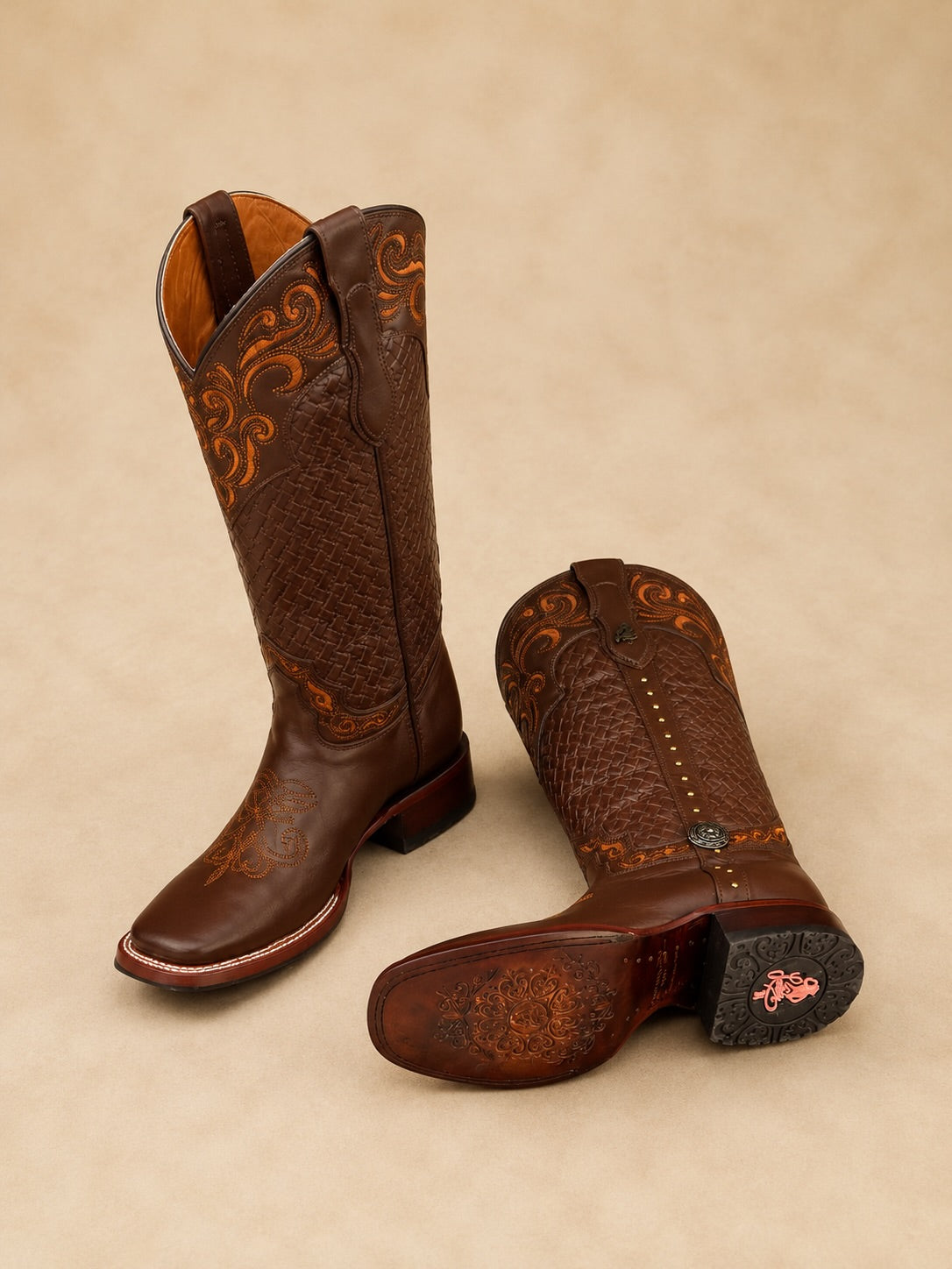 Brown Woven Tooled Leather Cowboy Western Boots For Women