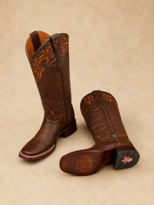 Brown Woven Tooled Leather Cowboy Western Boots For Women