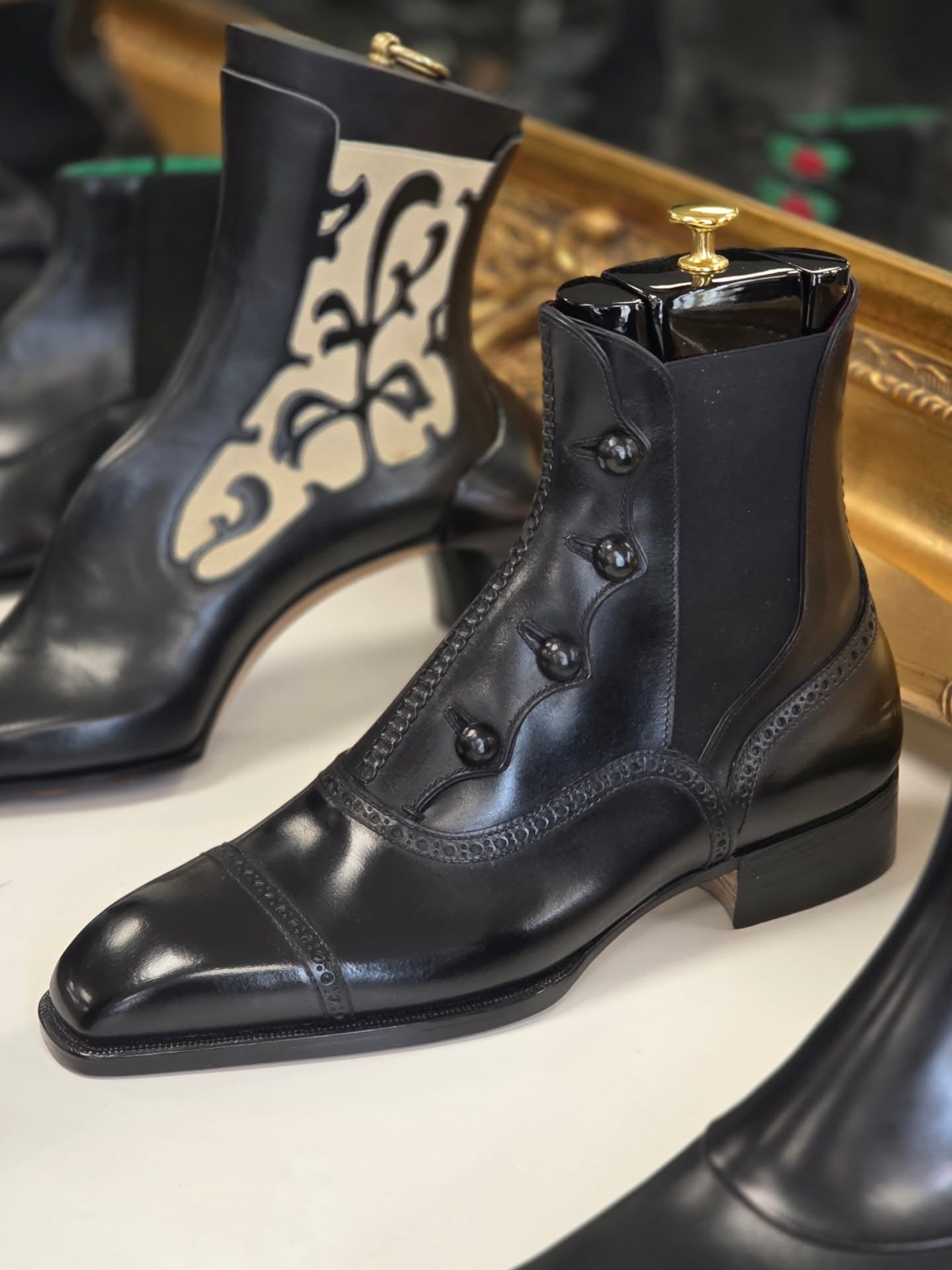 Men's Black Polished Leather Button Chelsea Boots-Wingtip Formal Ankle Boots