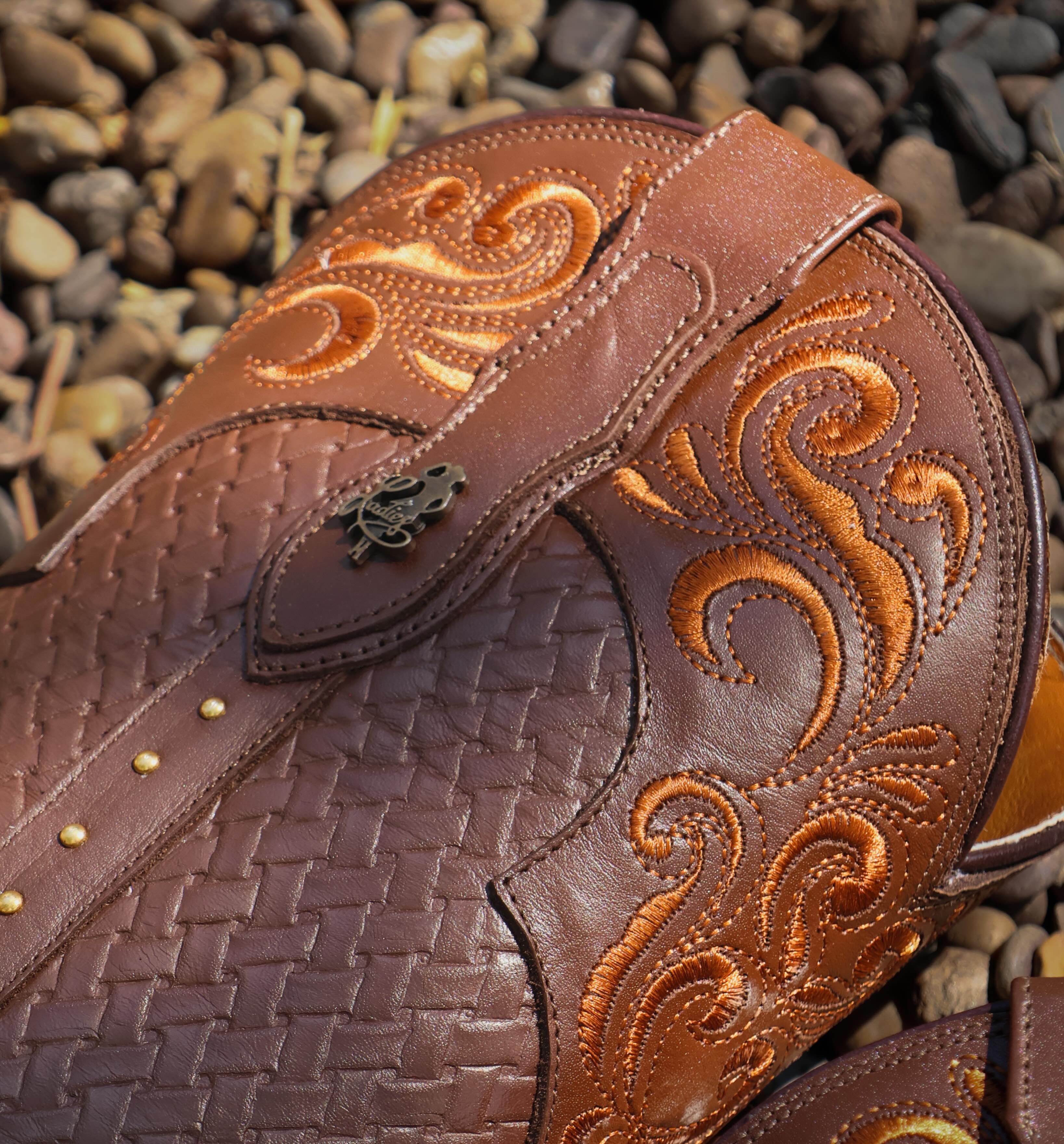 Brown Woven Tooled Leather Cowboy Western Boots For Women
