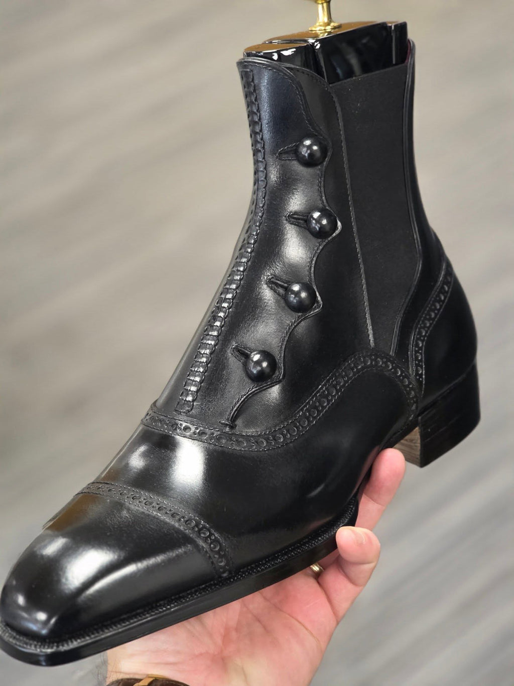 Men's Black Polished Leather Button Chelsea Boots-Wingtip Formal Ankle Boots