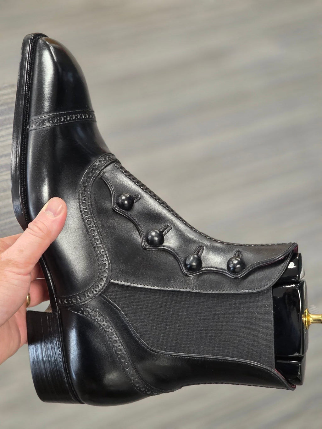 Men's Black Polished Leather Button Chelsea Boots-Wingtip Formal Ankle Boots