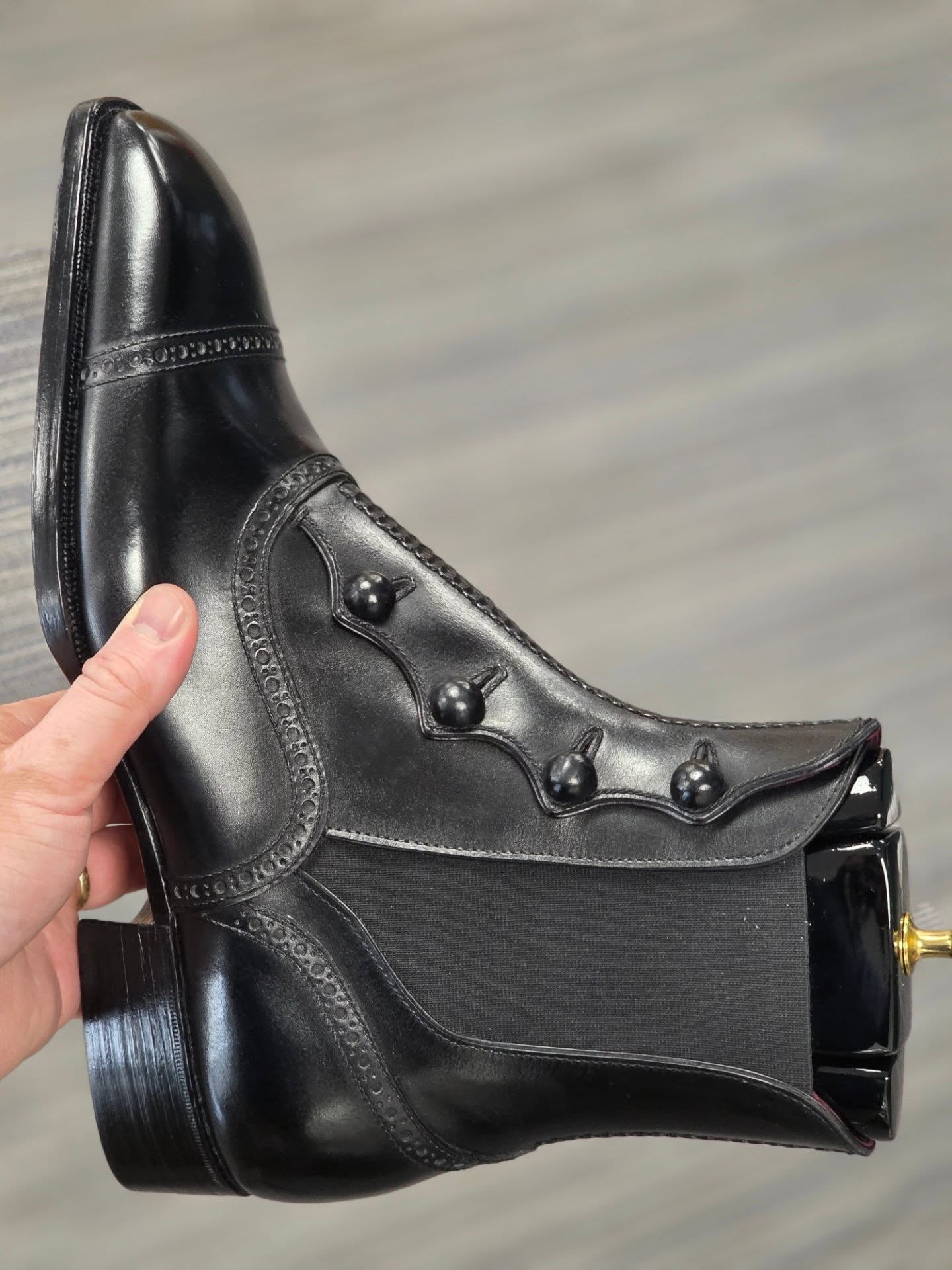 Men's Black Polished Leather Button Chelsea Boots-Wingtip Formal Ankle Boots