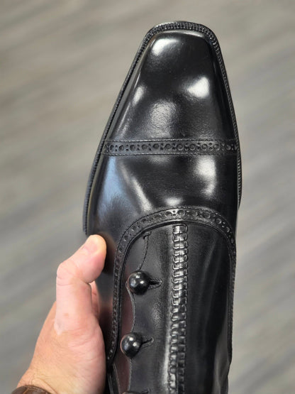 Men's Black Polished Leather Button Chelsea Boots-Wingtip Formal Ankle Boots