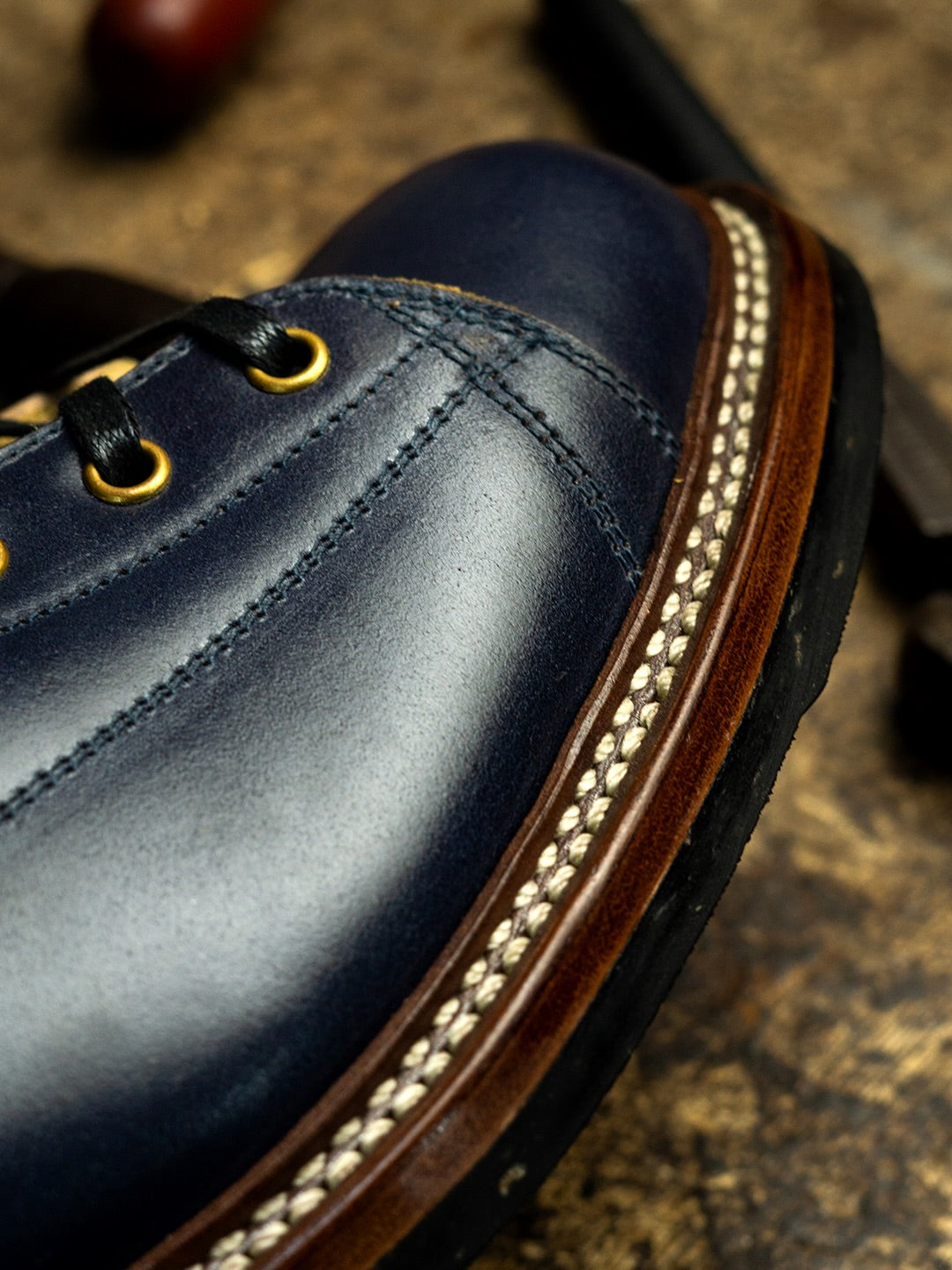 Men's Navy Full Grain Leather Goodyear Welt Work Combat Boots, Cap Toe Lace Up Outdoor Ankle Boot