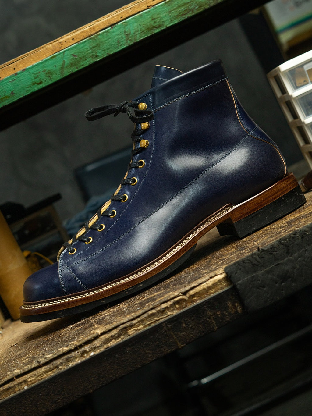 Men's Navy Full Grain Leather Goodyear Welt Work Combat Boots, Cap Toe Lace Up Outdoor Ankle Boot
