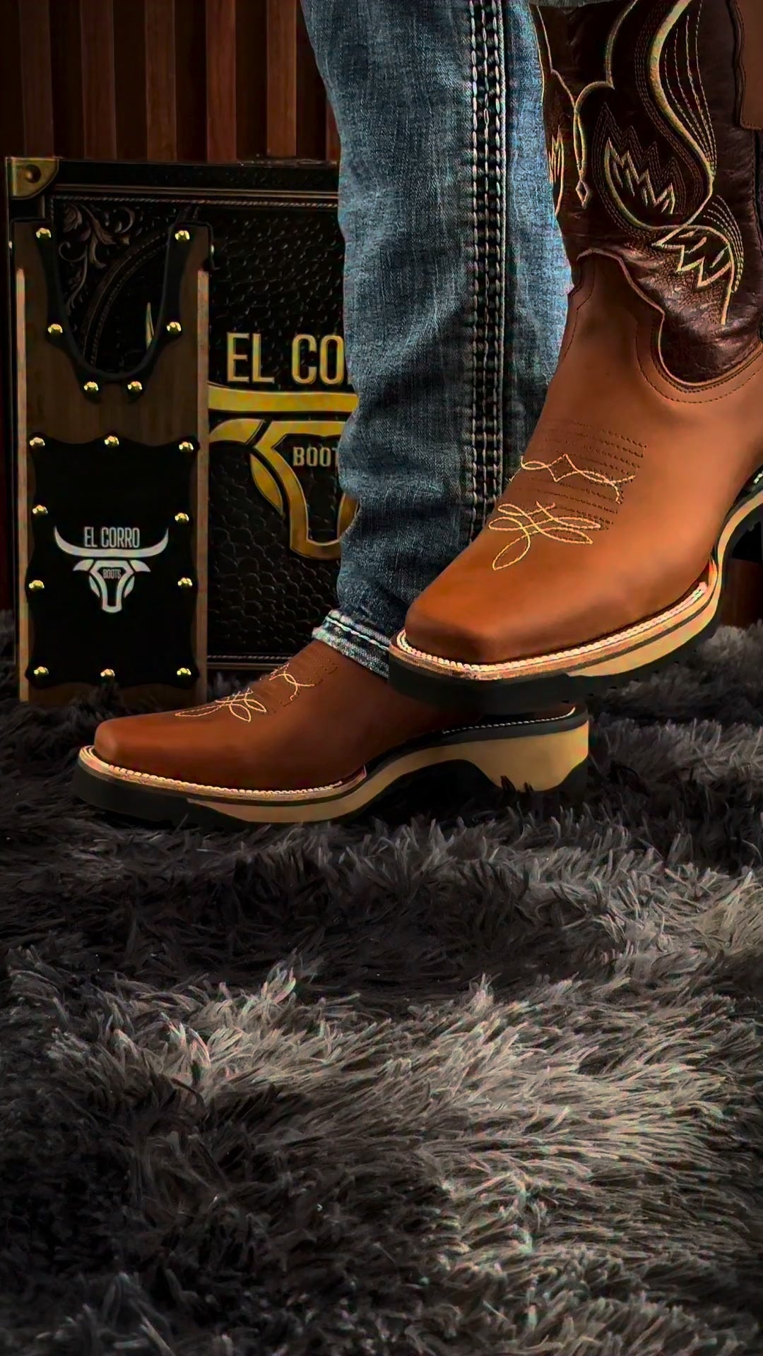 Two-tone Brown & Tan Embroidered Western Cowboy Boots | Square-toed Medium Cowhide Boots With Traditional Stitching