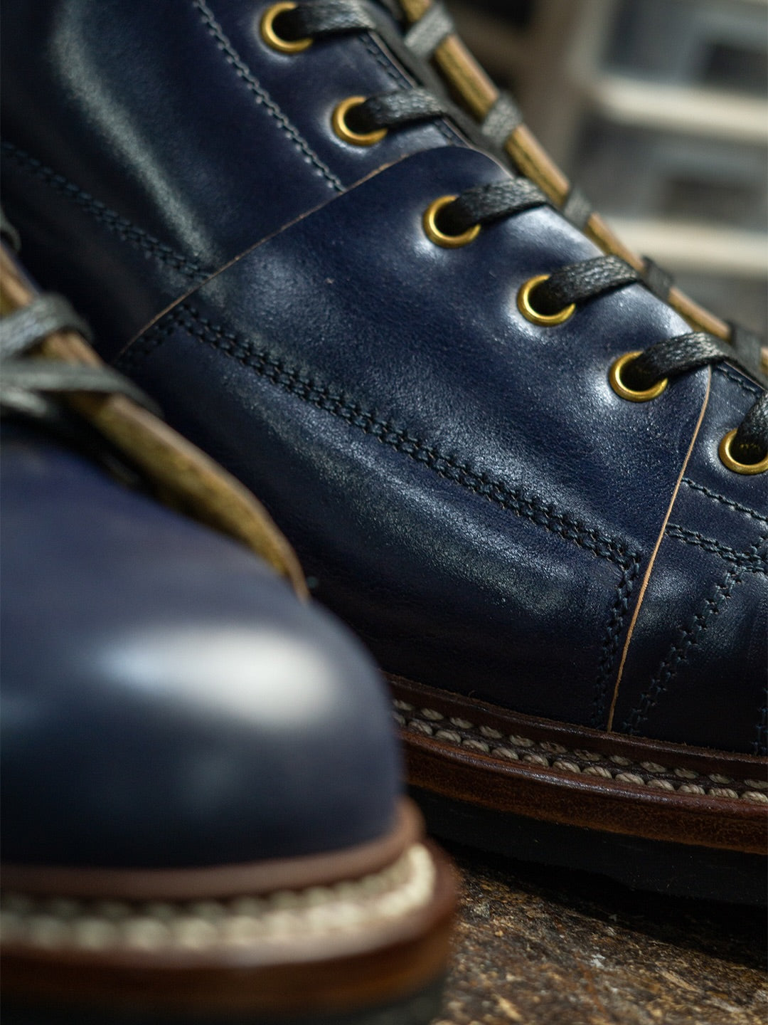 Men's Navy Full Grain Leather Goodyear Welt Work Combat Boots, Cap Toe Lace Up Outdoor Ankle Boot
