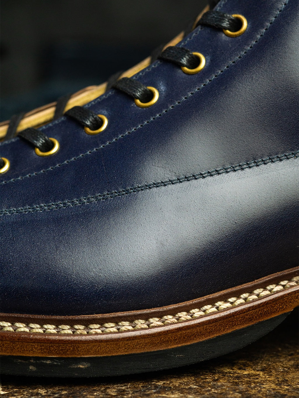 Men's Navy Full Grain Leather Goodyear Welt Work Combat Boots, Cap Toe Lace Up Outdoor Ankle Boot