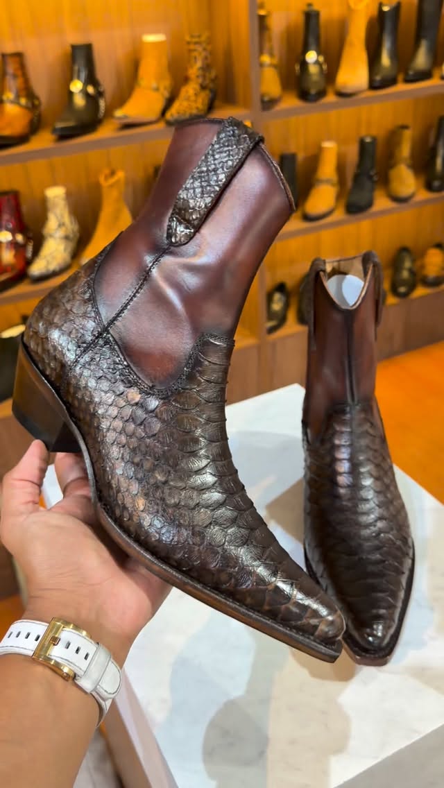 Verdancer Python-Print Western Chelsea Boots - Snakeskin Pattern Leather Ankle Boots With Cuban Heel