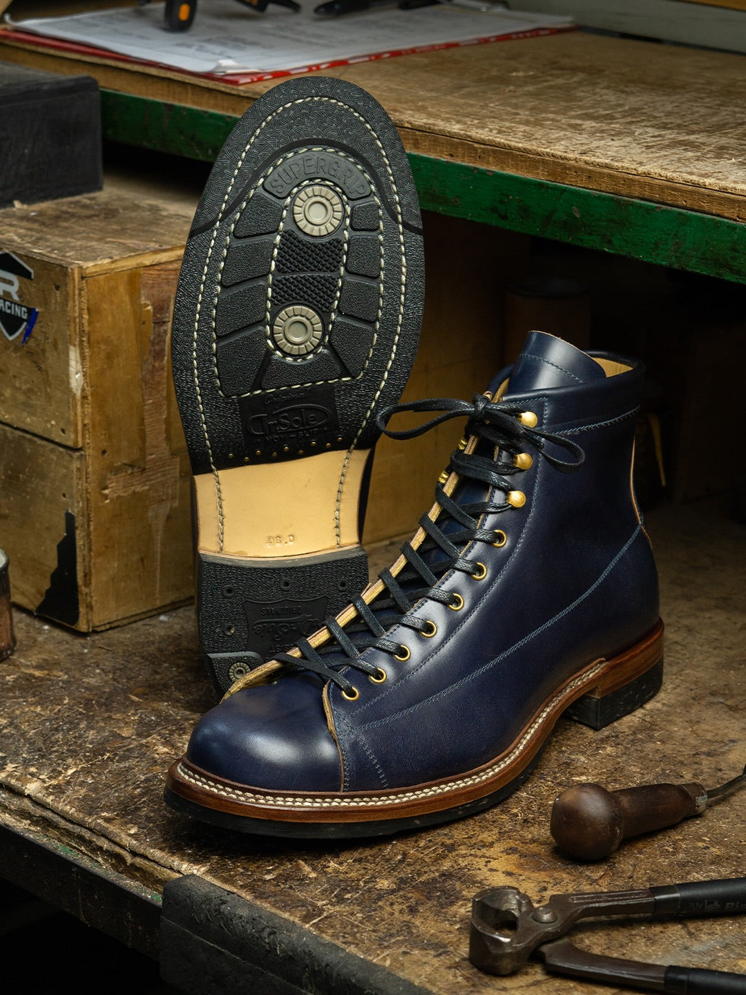 Men's Navy Full Grain Leather Goodyear Welt Work Combat Boots, Cap Toe Lace Up Outdoor Ankle Boot