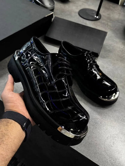 Men’s Glossy Crocodile-pattern Metal-toe Lace-up Chunky-heel Dress Shoes For Added Height