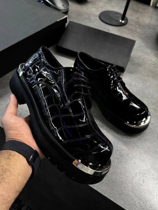 Men’s Glossy Crocodile-pattern Metal-toe Lace-up Chunky-heel Dress Shoes For Added Height