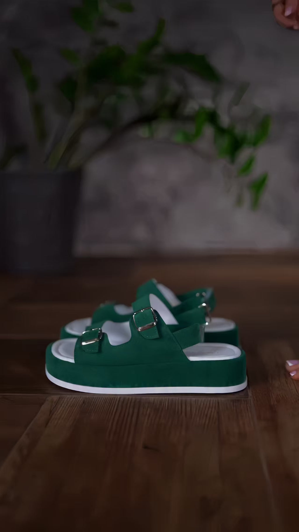 Women's Green Suede Platform Sandals - Double Buckle Strap Summer Casual Shoes