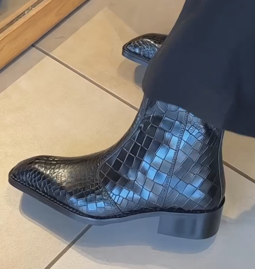 Men's Blue Black Crocodile Embossed Chelsea Boots-Polished Exotic Leather Ankle Boots
