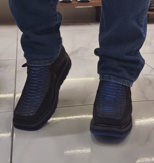 Men's Iridescent Blue Fish Scale Embossed Side Zip Platform Ankle Boots, Slip On Luxury Casual Footwear