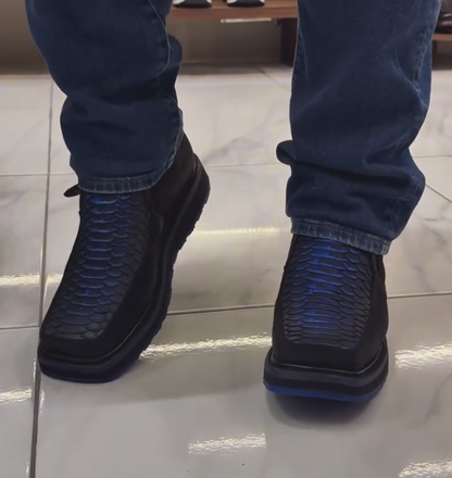 Men's Iridescent Blue Fish Scale Embossed Side Zip Platform Ankle Boots, Slip On Luxury Casual Footwear