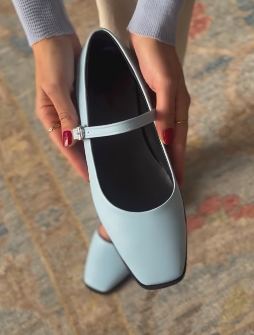 Women's Light Blue Leather Mary Jane Flats - Square Toe Minimalist Casual Shoes