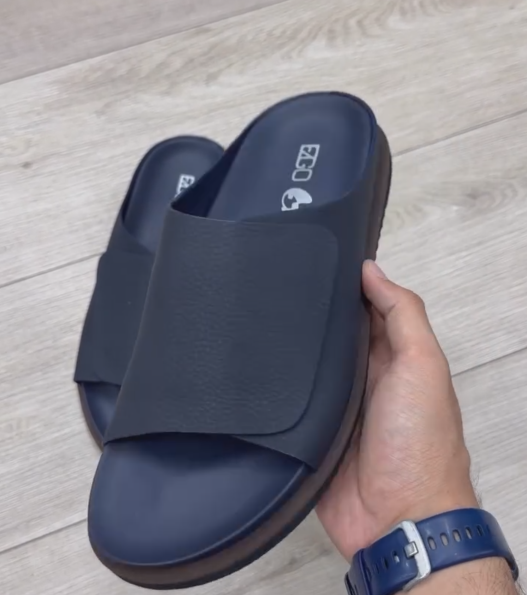 Men's Navy Leather Adjustable Slide Sandals - Casual Summer Footwear