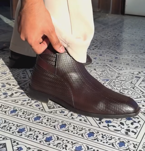 Men Dark Textured Leather Buckle Chelsea Ankle Boots