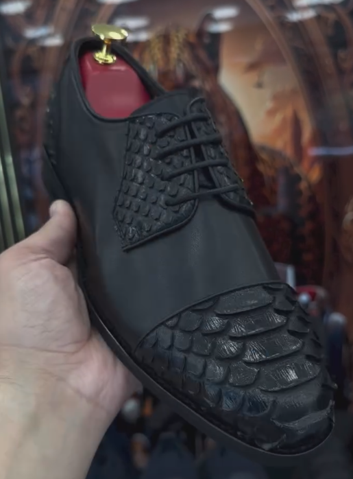 Men's Black Python-Embossed Leather Oxford Shoes -Lace-Up Formal Dress Shoes