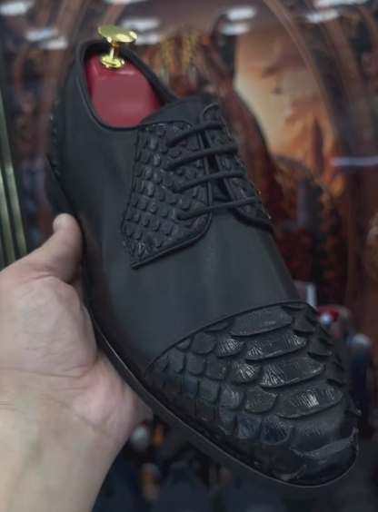 Men's Black Python-Embossed Leather Oxford Shoes -Lace-Up Formal Dress Shoes