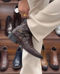 Dark Brown Croc Print Rivet Pointed Western Chelsea Boots Men