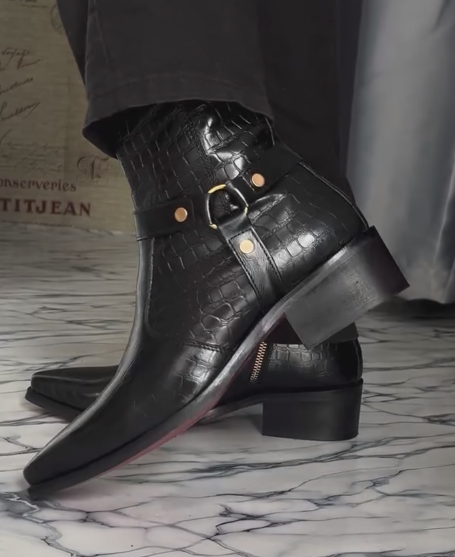 Men's Pointed Toe Croc Embossed Leather Strap Buckle Western Cowboy Ankle Boots
