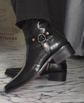 Men's Pointed Toe Croc Embossed Leather Strap Buckle Western Cowboy Ankle Boots