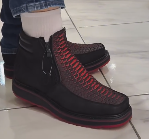 Men's Gradient Red Fish Scale Embossed Side Zip Platform Casual Ankle Boots, Chunky Sole Luxury Boot