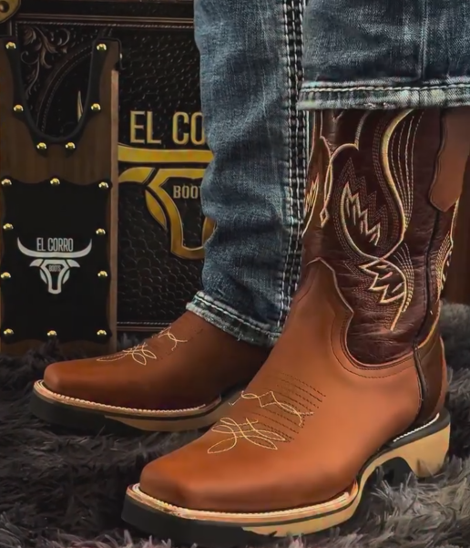 Two-tone Brown & Tan Embroidered Western Cowboy Boots | Square-toed Medium Cowhide Boots With Traditional Stitching