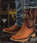 Two-tone Brown & Tan Embroidered Western Cowboy Boots | Square-toed Medium Cowhide Boots With Traditional Stitching