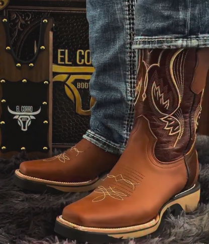 Two-tone Brown & Tan Embroidered Western Cowboy Boots | Square-toed Medium Cowhide Boots With Traditional Stitching